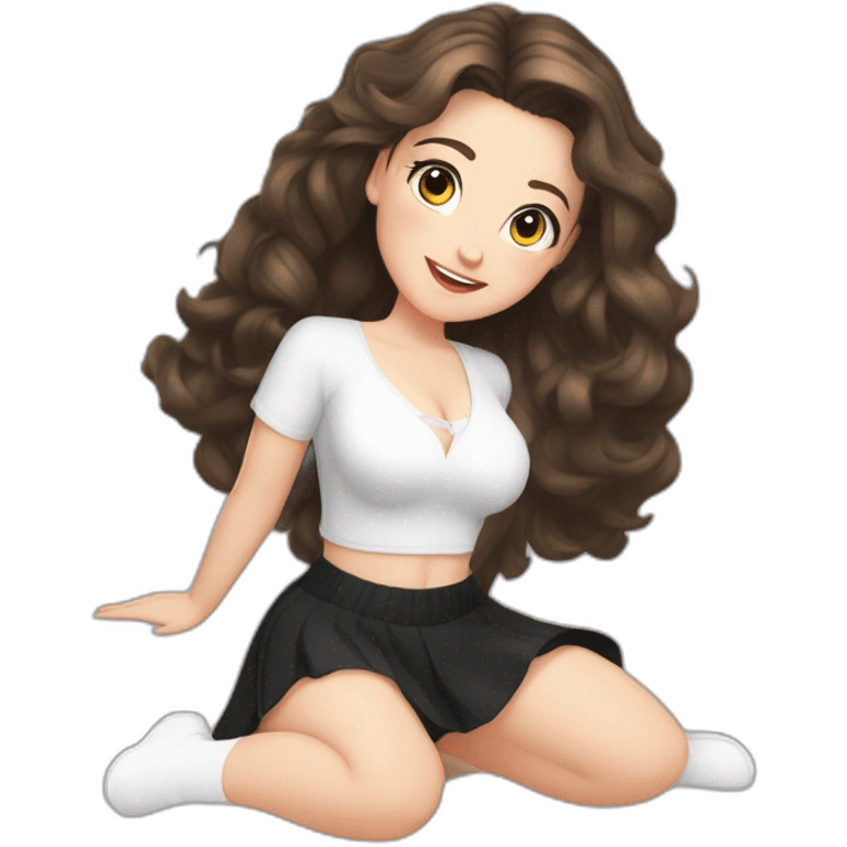 Front view full body curvy caucasian beauty sits on the floor straight hands up black skirt white knickers white socks emoji