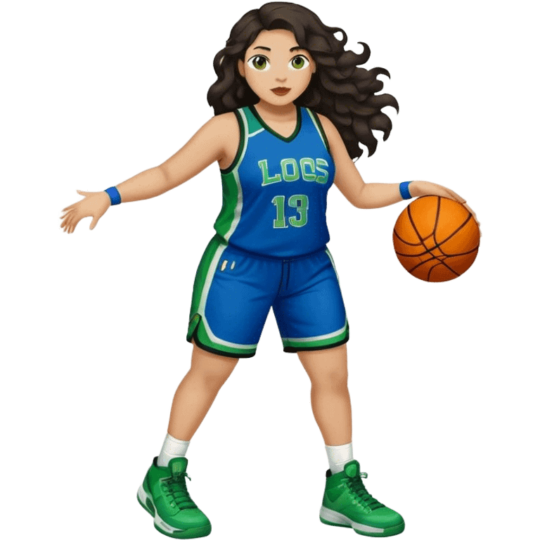 Full Body light skin Latino plus size women basketball player with long wavy dark hair  wearing blue and green uniform emoji