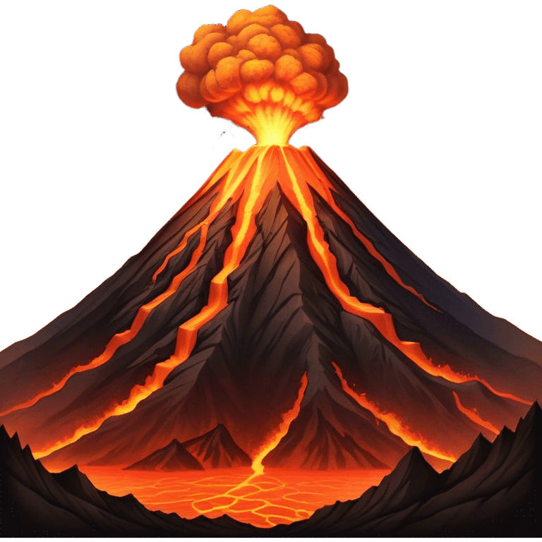 Cinematic Realistic Volcano Emoji, Powerful and awe-inspiring, with molten lava flowing from its jagged, smoking peak, casting an orange glow in the surrounding darkness. The landscape around it is barren and rocky, with clouds of ash rising into the sky. Soft glowing outline, capturing the essence of raw power and fiery energy in a towering volcano. emoji