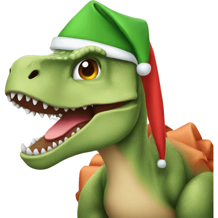 Dinosaur wearing a Christmas hat emoji