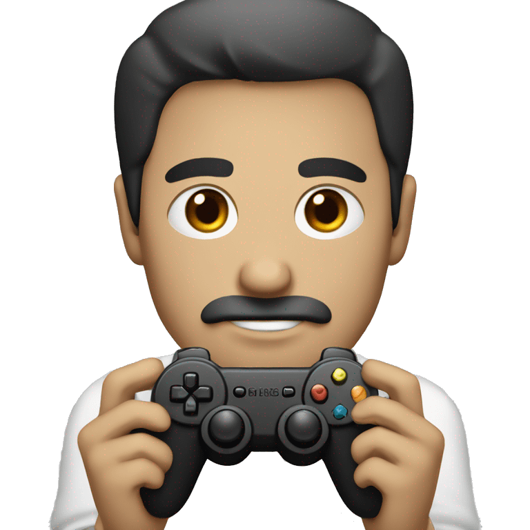 dark hair dark eye man with short mustache holding game controller emoji