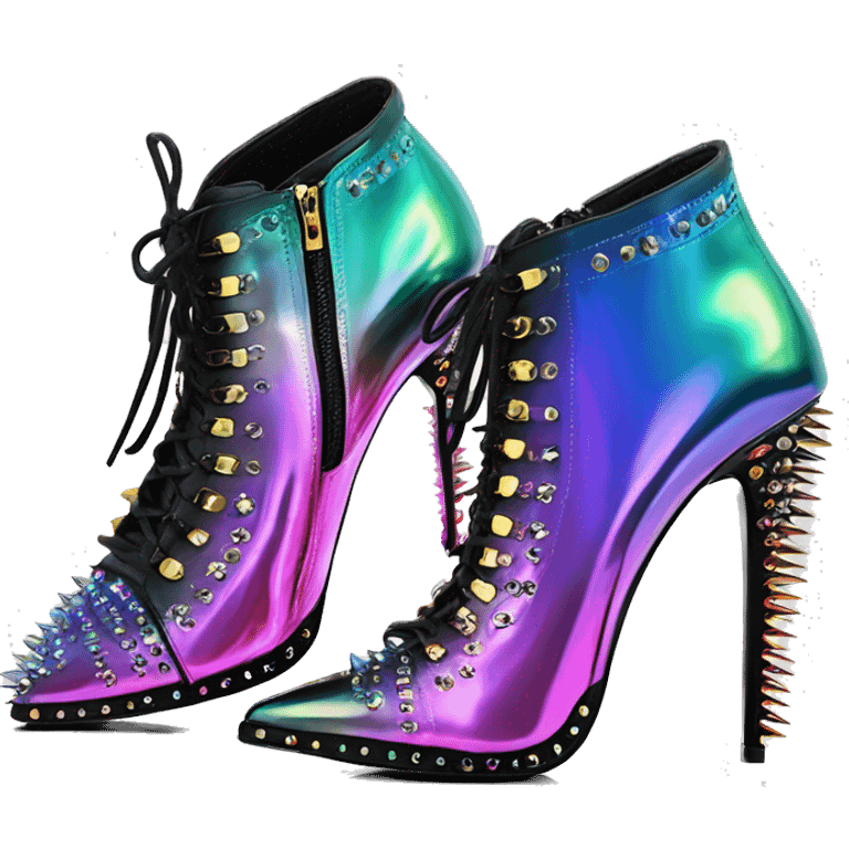 Realistic isolated top front view of a pair of Iridescent ombre studded spike heel ankle bootie boots.  emoji