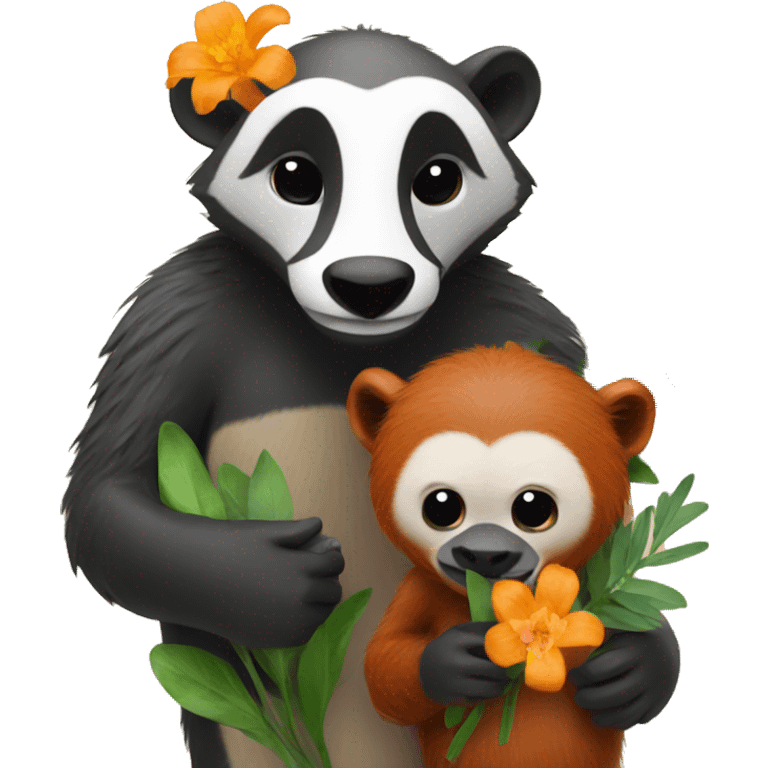 A badger and orangutang holding flowers emoji