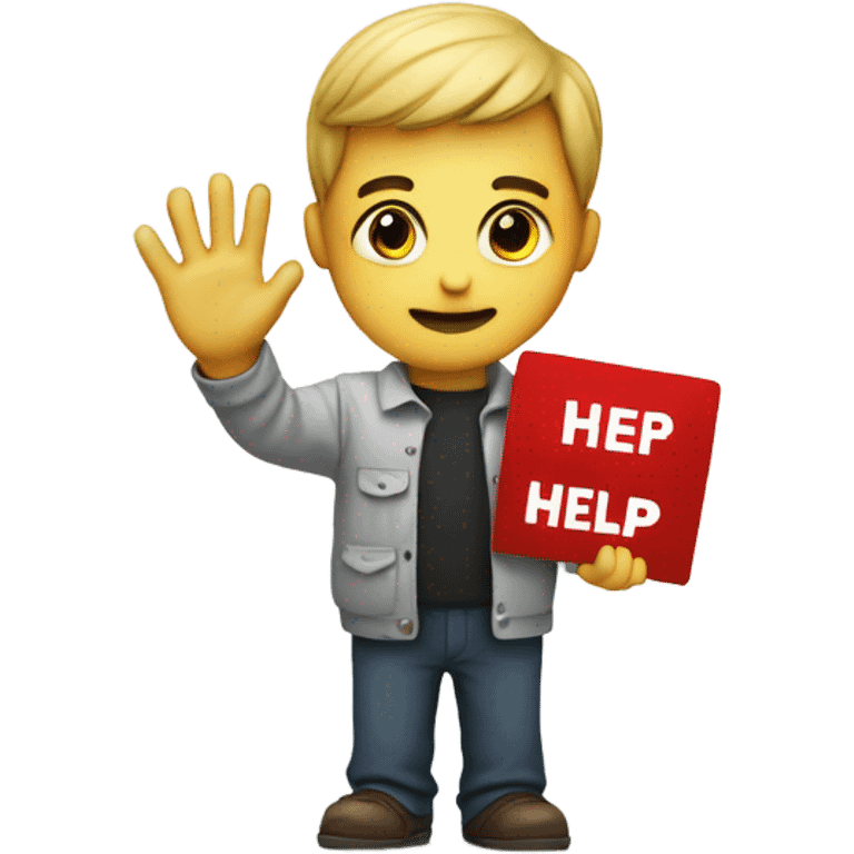 Person holding sign saying help emoji