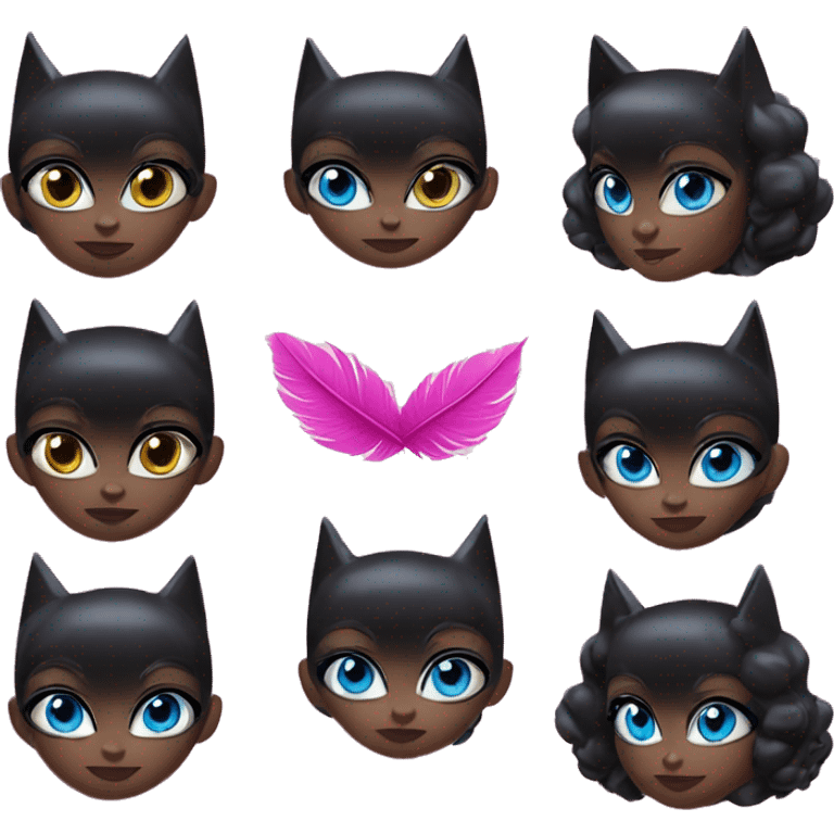 a black humanoid catwoman with blue eyes and pink feathers on her earrings emoji