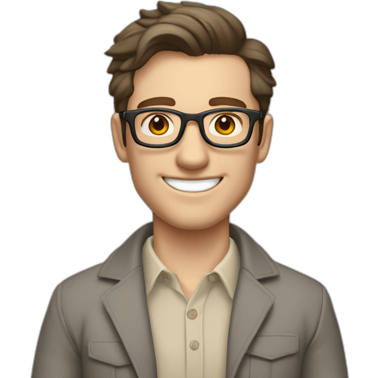 Joyful Pale skinned Fit Man With dark brown hair in gray jacket, beige office shirt, Brown pants and vintage glasses. His thrumbs up emoji