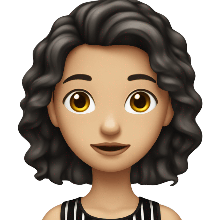 a girl with long dark brown wavy hair and black stripped dress, the face like freen sarocha emoji