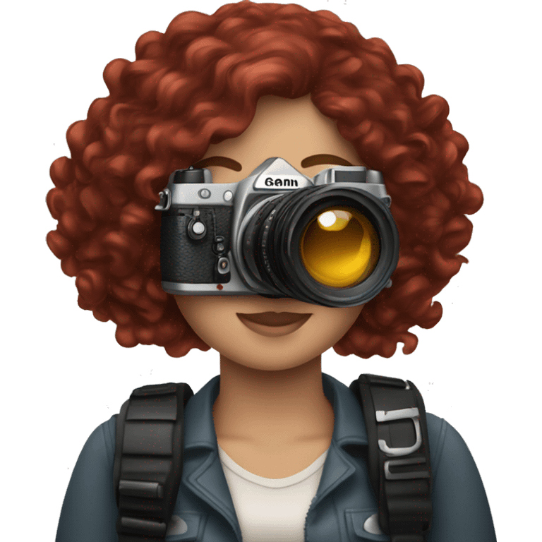 white girl photographer with dark red curly hair and Canon camera emoji