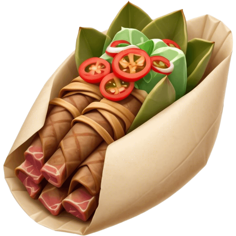 Gyros Cinematic Realistic Gyros Dish Emoji, depicted as succulent, spiced meat wrapped in paper for easy handling, rendered with lifelike textures and dynamic, warm lighting. emoji