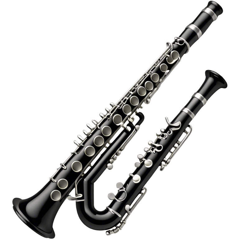 Create an emoji, representing a black standard clarinet. The design should feature a smooth, glossy black body of the clarinet with shiny, silver keys clearly visible. Highlight the intricate details of the mouthpiece and reed at the top, while the body of the instrument should remain simple and elegant. Add subtle musical notes or soundwaves floating around the instrument to symbolize its clear, melodic sound. Use black for the body, silver for the keys, and soft lighting effects to give the instrument a polished, sophisticated look. The background should be transparent. emoji