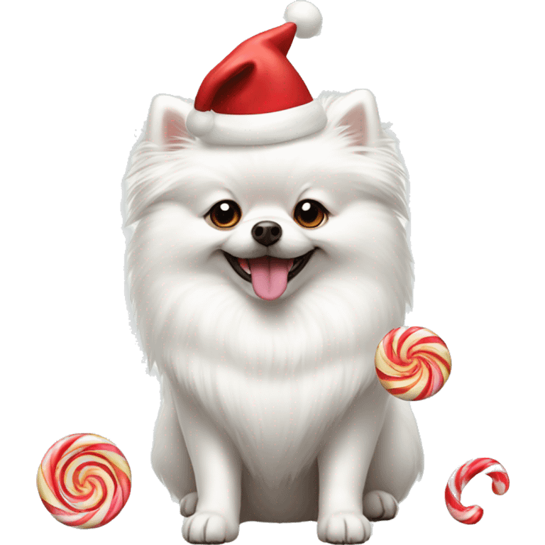 White Pomeranian dog with Christmas candy  emoji