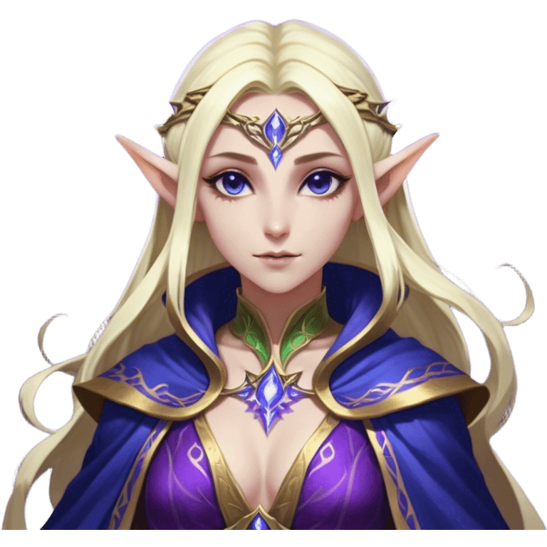 Cinematic Realistic WoW Elf Mage Portrait, head tilted epicly and inquisitively, showcasing a commanding presence and graceful arcane power. Her luminous, porcelain-like skin and delicate features, framed by an intricately detailed robe in deep blues and purples with golden accents, are rendered with lifelike clarity and dramatic, mystical lighting, high shine, epic and awe-inspiring, embodying the timeless magic of an elven mage poised to reshape destiny. emoji