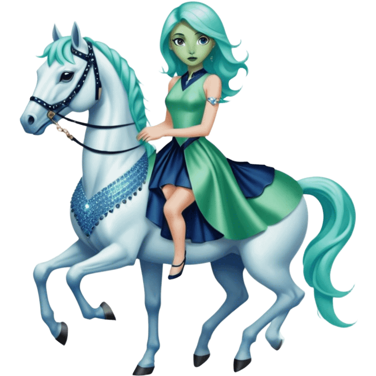 alien reptilian green skin woman, in short slim pastel blue formal party satin dress with gradient shiny sparkling navy blue diamonds embroidered , ride a White horse emoji