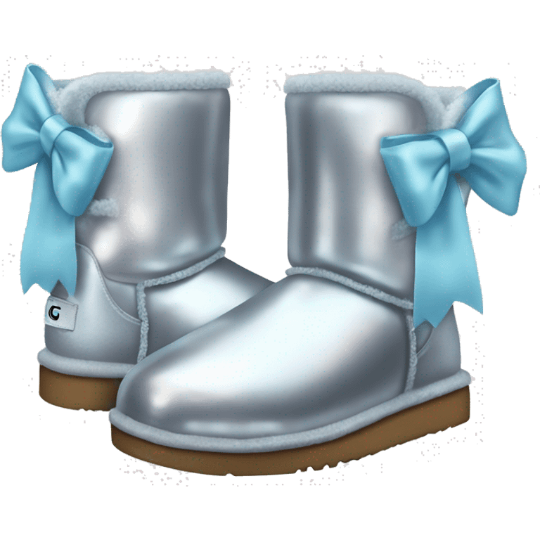 Realistic silver iridescent Ugg boots with pastel blue bow. emoji