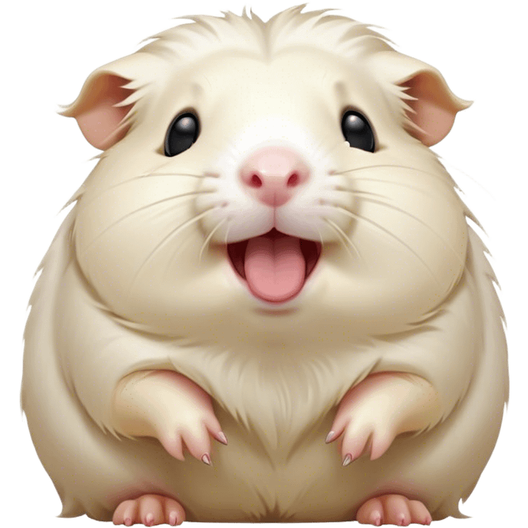 Cinematic Cute Yawning White Guinea Pig Portrait Emoji, Head tilted slightly with a dramatic, wide-open yawn, revealing a soft, downy white coat with tiny drooping ears, round dark eyes barely open in drowsy contentment, Simplified yet irresistibly adorable features, highly detailed, glowing with a soft, cozy glow, high shine, relaxed yet expressive, stylized with a touch of whimsy, bright and endearing, soft glowing outline, capturing the essence of a sleepy yet affectionate guinea pig, so drowsy it feels like it could stretch right out of the screen and curl up for a nap! emoji