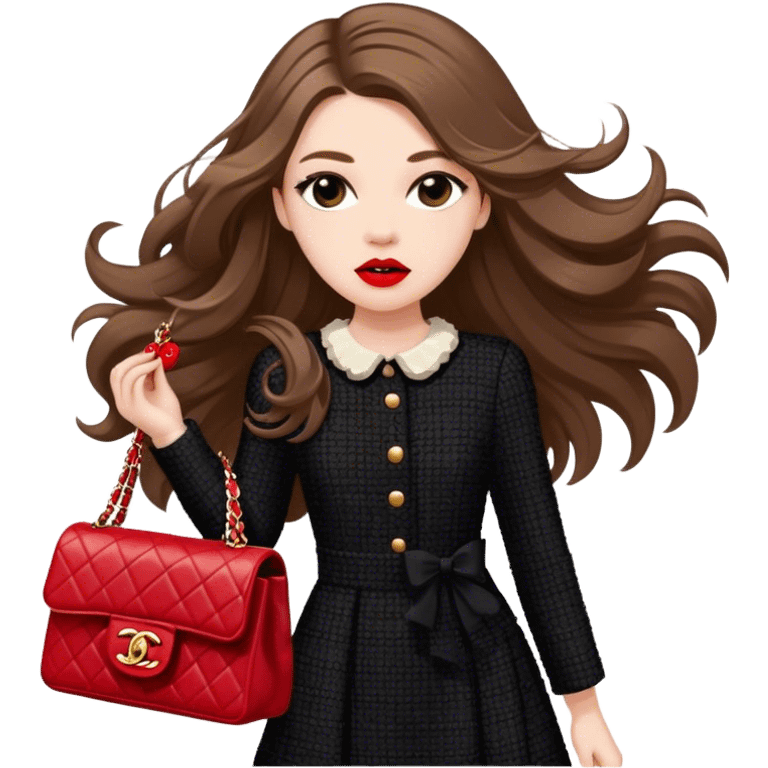 White girl with brown long hair dressed up in black chanel tweed dress with a red chanel bag and red lipstick. Close up shot with wind blowing her hair looking fancy emoji