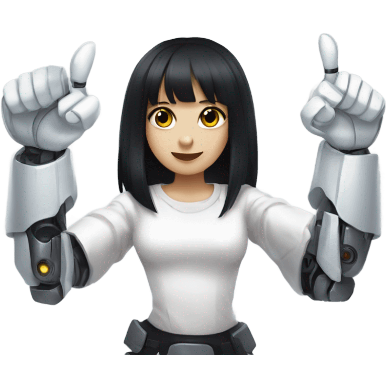 robot, robot girl, 1girl, dark hair, long black hair, bangs, black eyes, blunt black bangs, white shirt, hime cut, thumbs up emoji