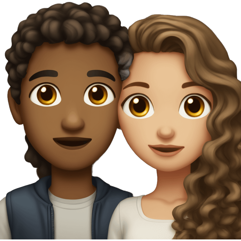 light skinned girl with long light brown hair, brown eyes kissing a black boy with brown eyes and curly black hair emoji