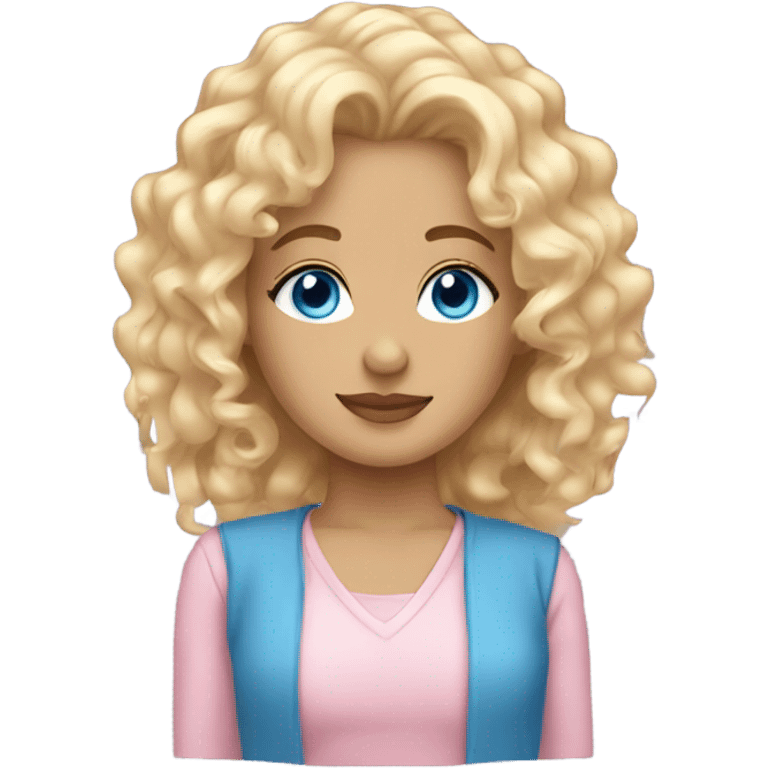 beautiful girl with curly blonde hair blue eyes wearing light pink emoji