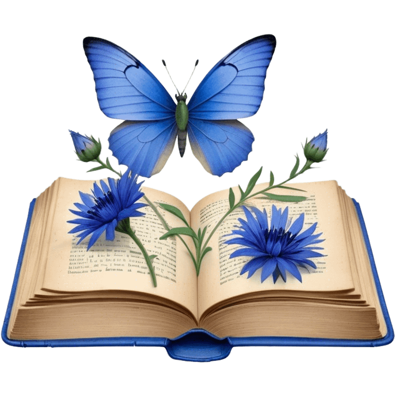 A vintage book with a worn blue cover, open to reveal pressed blue cornflowers and a resting green butterfly. emoji