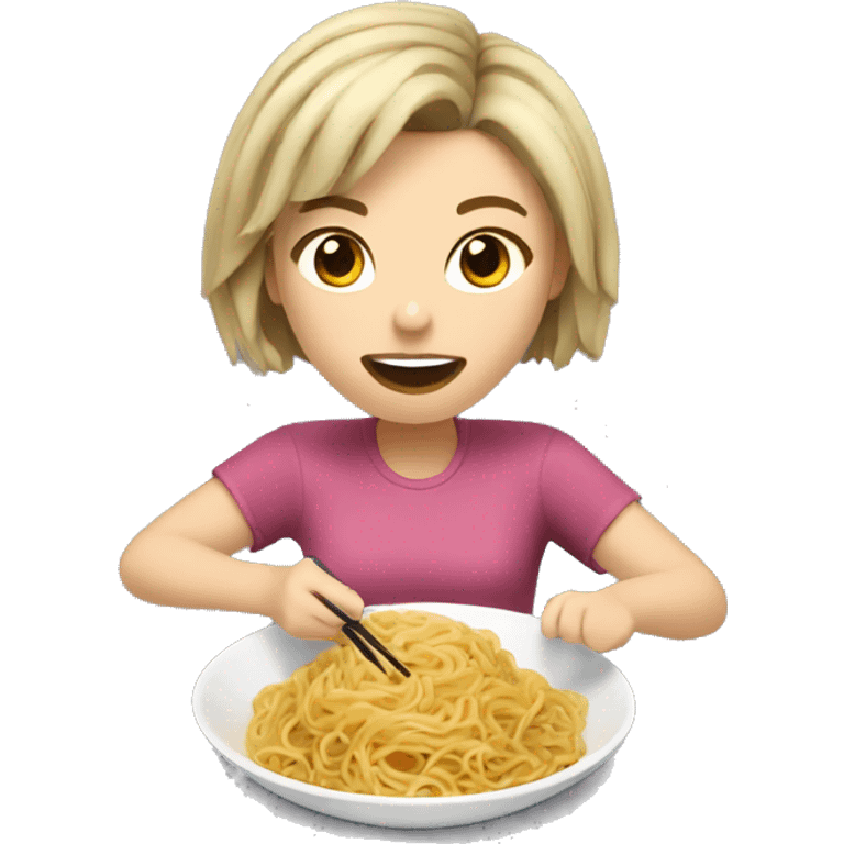 Caucasian girl with short, dark spiky hair eating noodles emoji