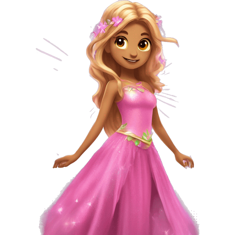 Flora the adult latina fairy of nature in her enchantix fairy pink clothing, wings and long light brown hair from winx club. Lots of sparkles, feel the magic  emoji