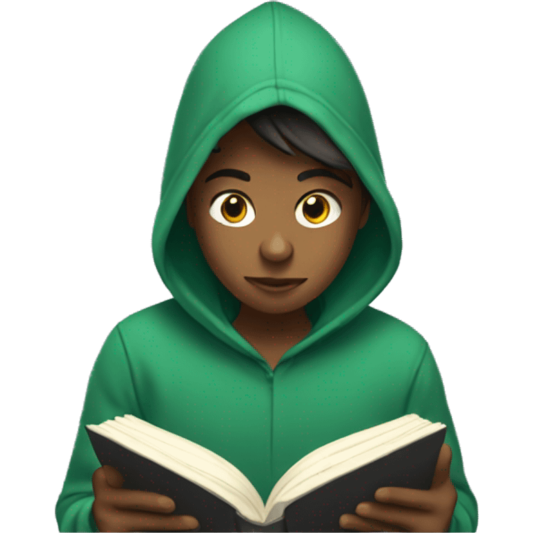 teenager in hoodie reading a book emoji