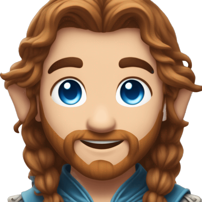 Ple Dwarf with elven ars and glowing blue eyes with long pretty brown hair, smiling and happy with cute hearts around him emoji