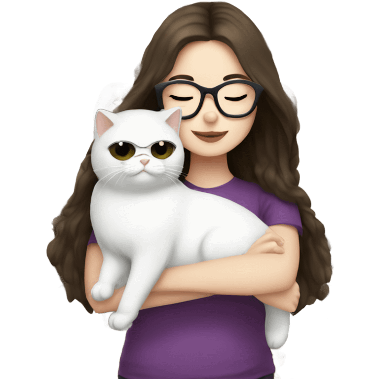 brunette girl with black glasses and pale skin snuggling white Persian cat emoji