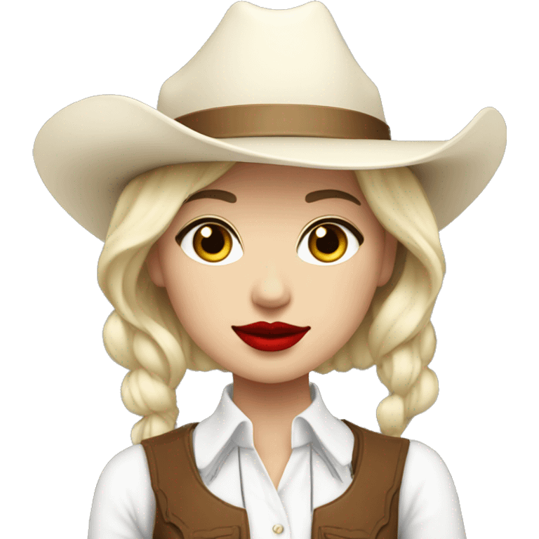 cowgirl with a white hat and white ascot and blonde short hair with red lipstick emoji