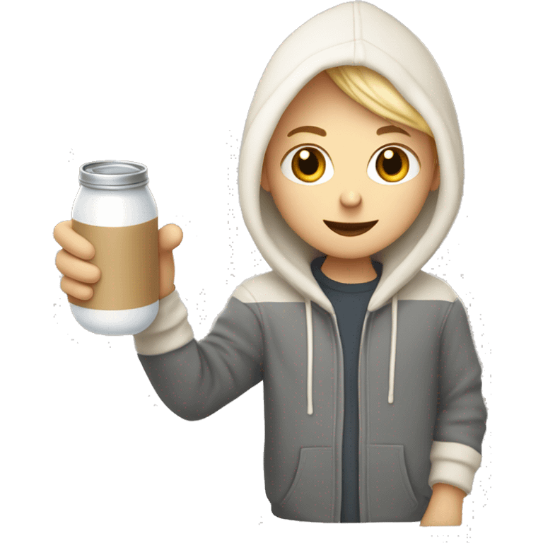  light hair, short hair, combover, hoodie, holding ferris the rust programming language mascot in left hand. holding milk carton in right hand emoji