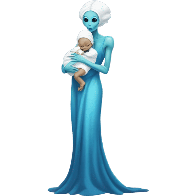  Reptilian alien woman , full body, in blu elegant dress , holds a newborn white humman baby emoji