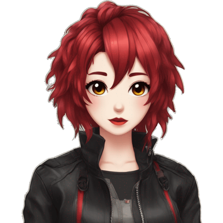 Gorgeous anime style lady with blushing face aesthetic and pretty edgy black red punk hair with hair garment trending style emoji