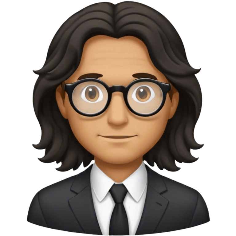 man with a long black wavy hair in a suit wearing round glasses emoji