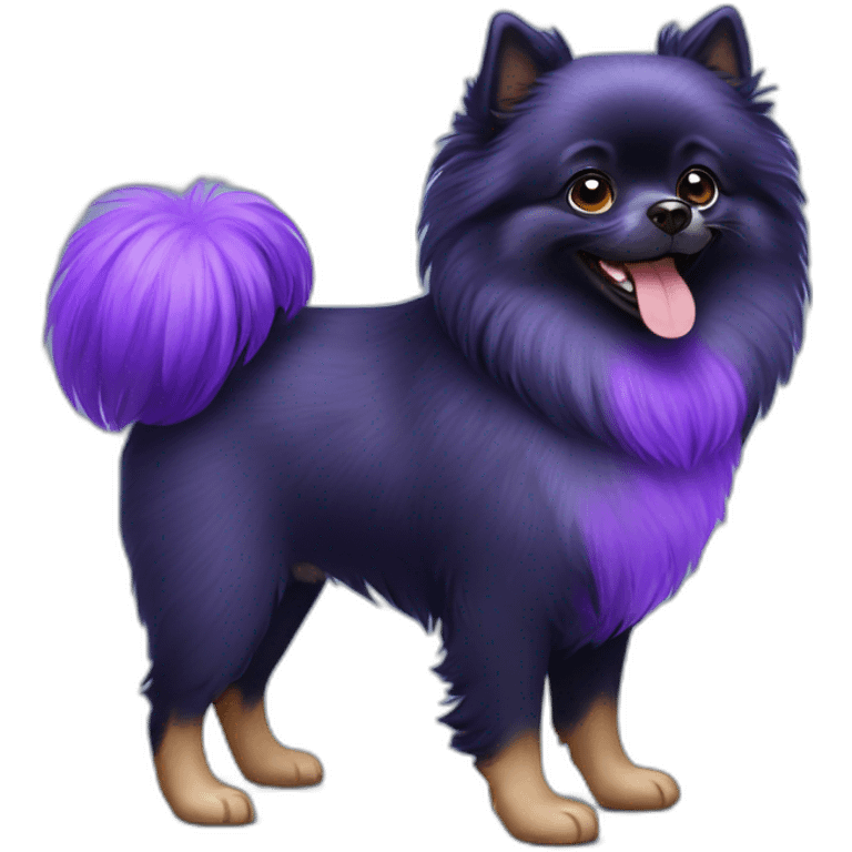 Black Pomeranian wearing purple crocs emoji