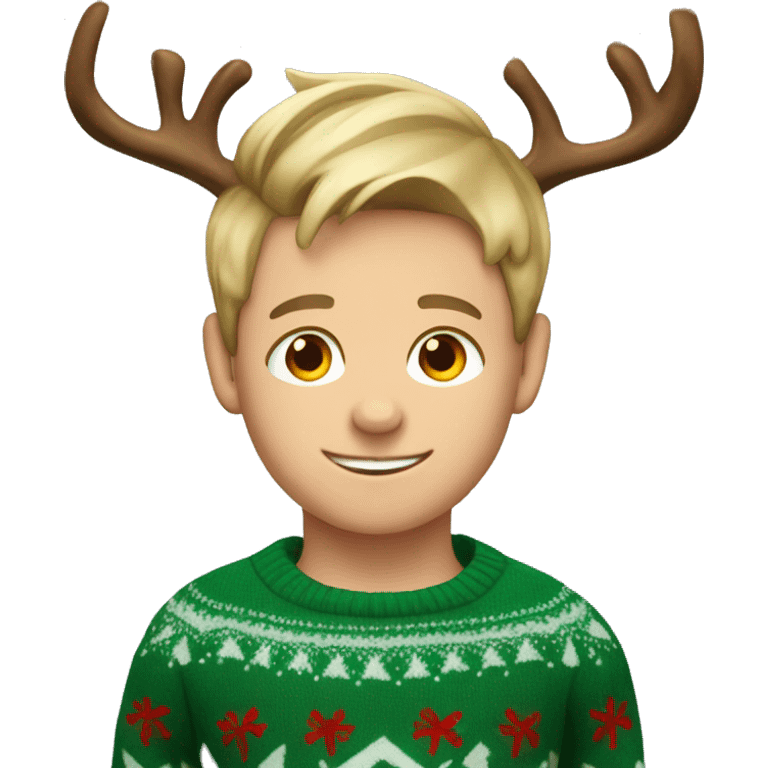 dark blond hairwd boy with christmas sweater and raindeer horns emoji