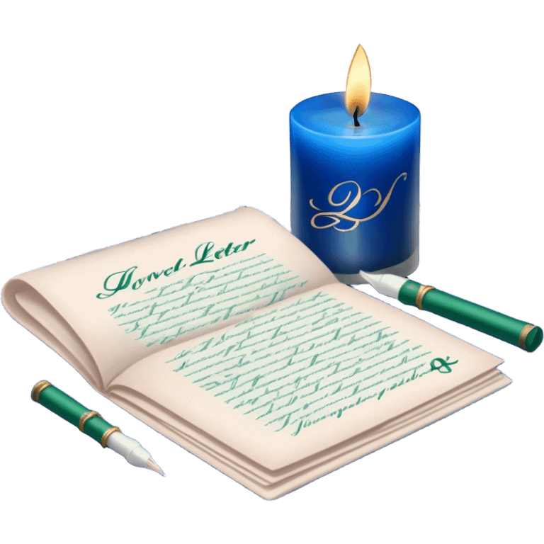 A nostalgic love letter with deep green handwriting, resting on lace fabric next to a glass candle in a royal blue hue. emoji