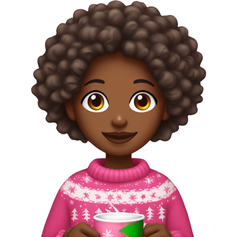 Black girl with curly hair wearing a Christmas sweater and drinking coco in a pink mug  emoji