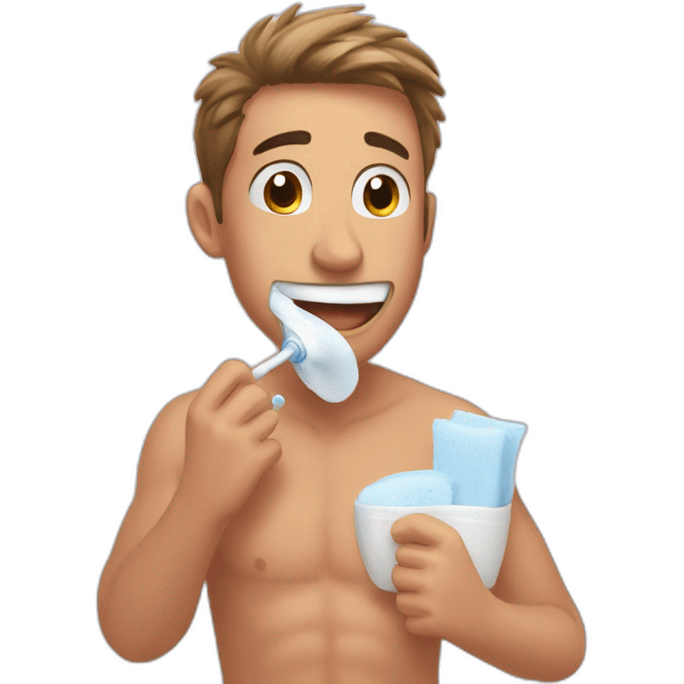 Guy brushing teeth shirtless in mirror emoji