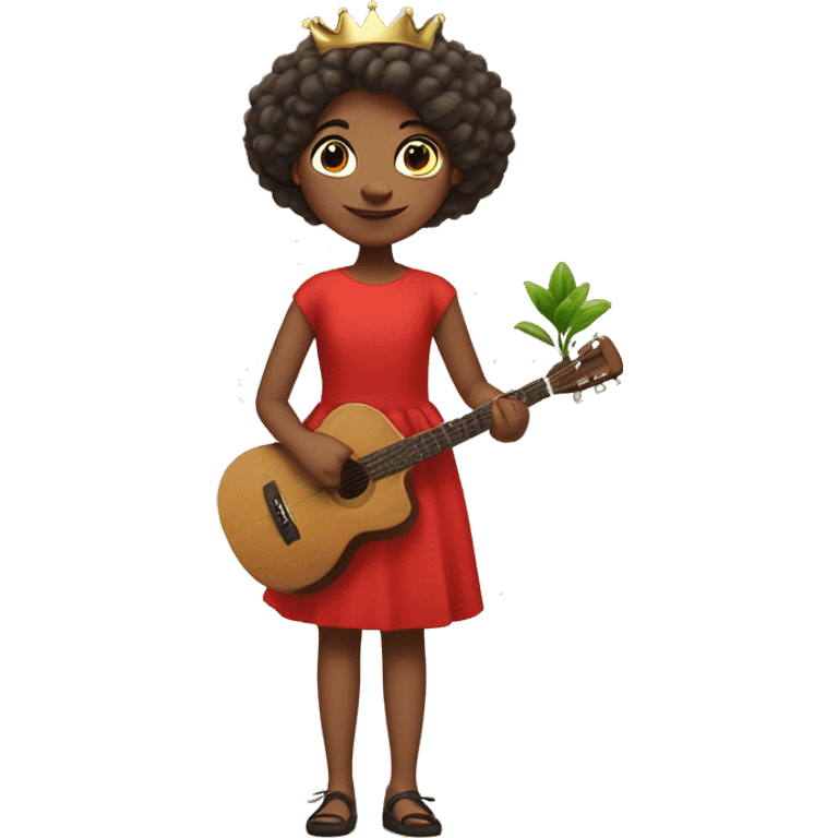 a girl who is a bit short with medium hair wearing a red frock with a potted plant in her one hand , paint brush in the other . musical notes all over . she should have a crown on her head  emoji