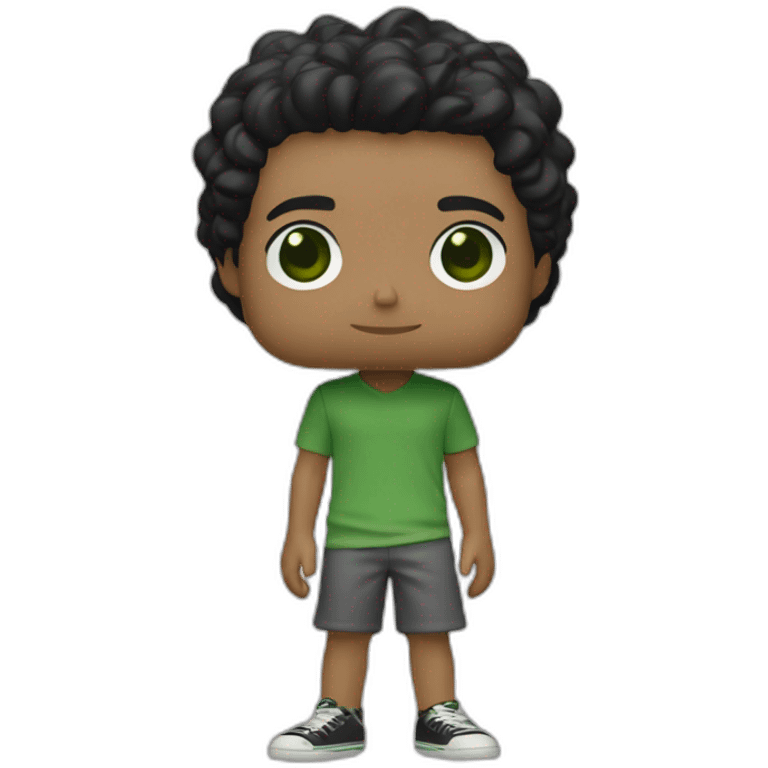 Young 18 years old boy, black hair, green eyes, long surfer hair, as a funko pop full fbody emoji