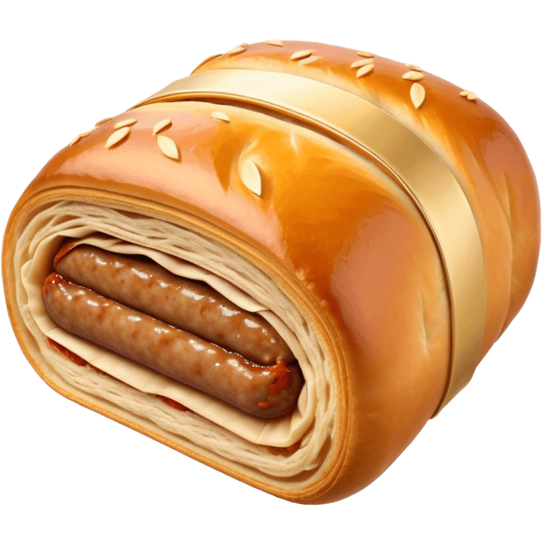 Cinematic Realistic Sausage Roll Dish Emoji, depicted with a crisp, golden pastry wrapped around flavorful sausage, rendered with detailed textures and appetizing lighting. emoji