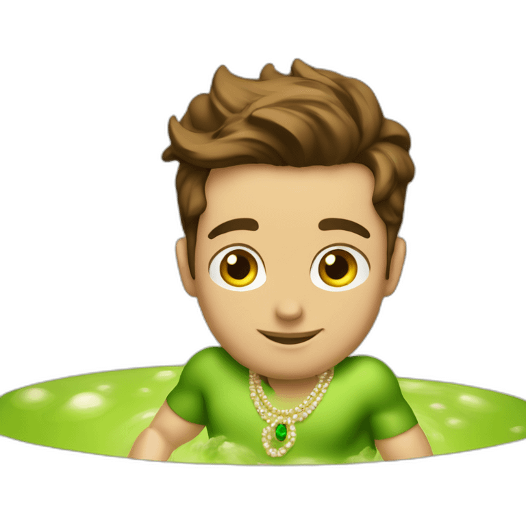 Posh-muscle-boy-brown-hair-green-eyes-pearl-necklace-in-golden-bathtub emoji