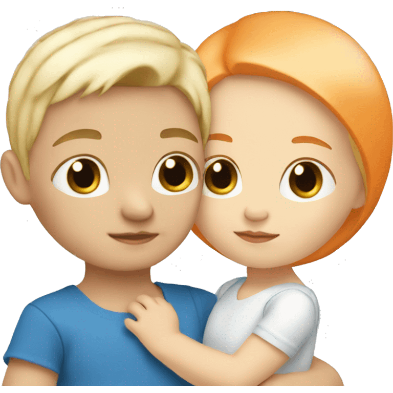 White orange hair girl wearing blue holding white blonde baby boy emoji