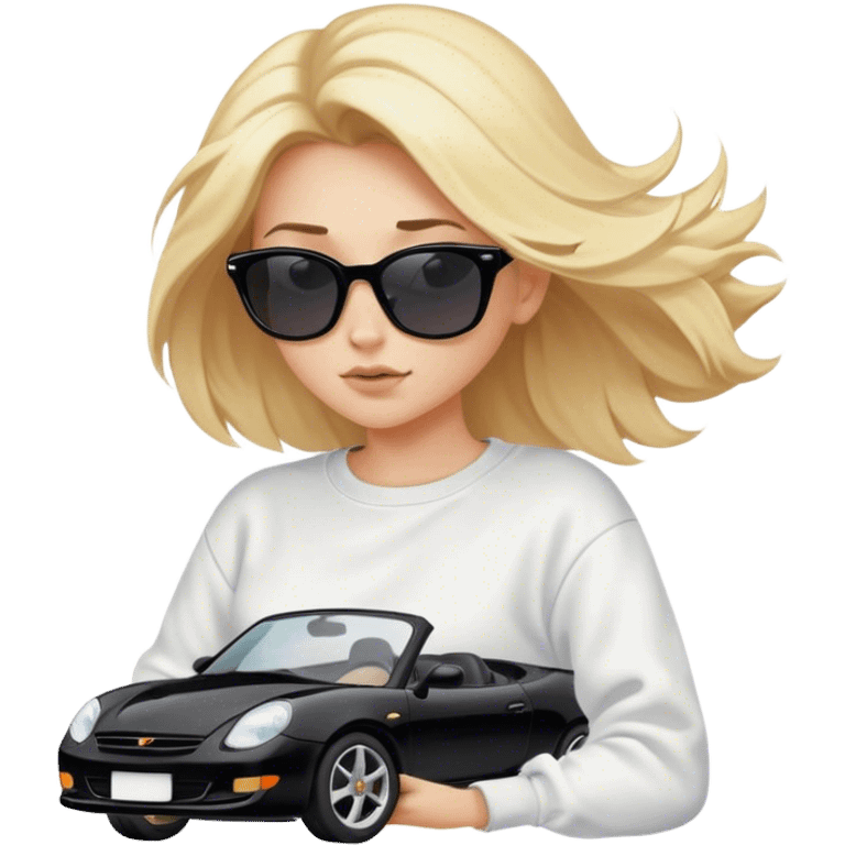 A cinematic realistic blonde in sunglasses, wearing a white sweatshirt, is driving a black car, her hair is slightly blowing in the wind. emoji