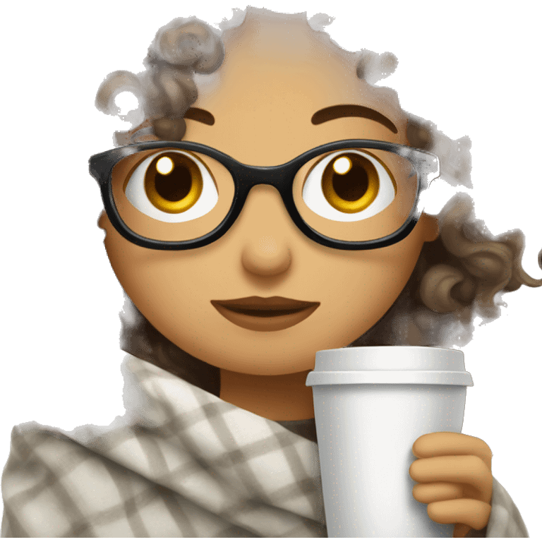 white curly brunette hair with glasses drinking a coffee in a blanket emoji