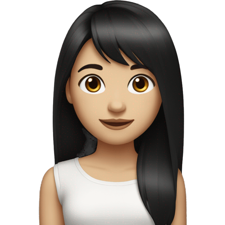 A girl with straight long hair , jet-black hair styled in a bang. Fair skin. Dark brown eyes. Smiling naturally. emoji