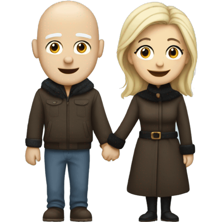 White bald man with black eyebrows holding hands with long blond woman in winter clothes emoji