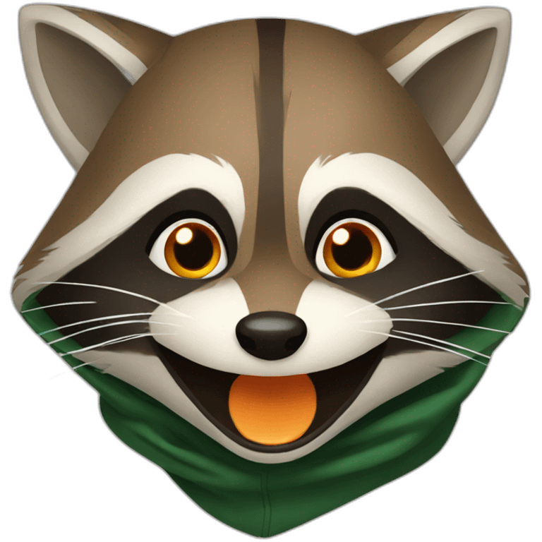 brown raccoon with orange eyes and a dark green hood that is laughing emoji