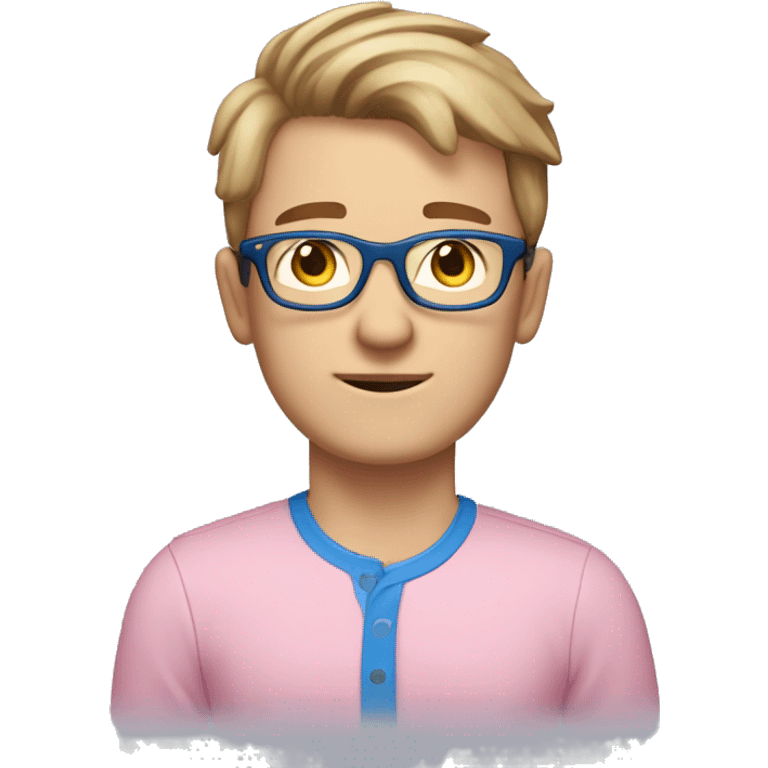 gay men light brown hair with glasses, blue eyes, look cute, skinny and white skin, funny with pink shirt  emoji